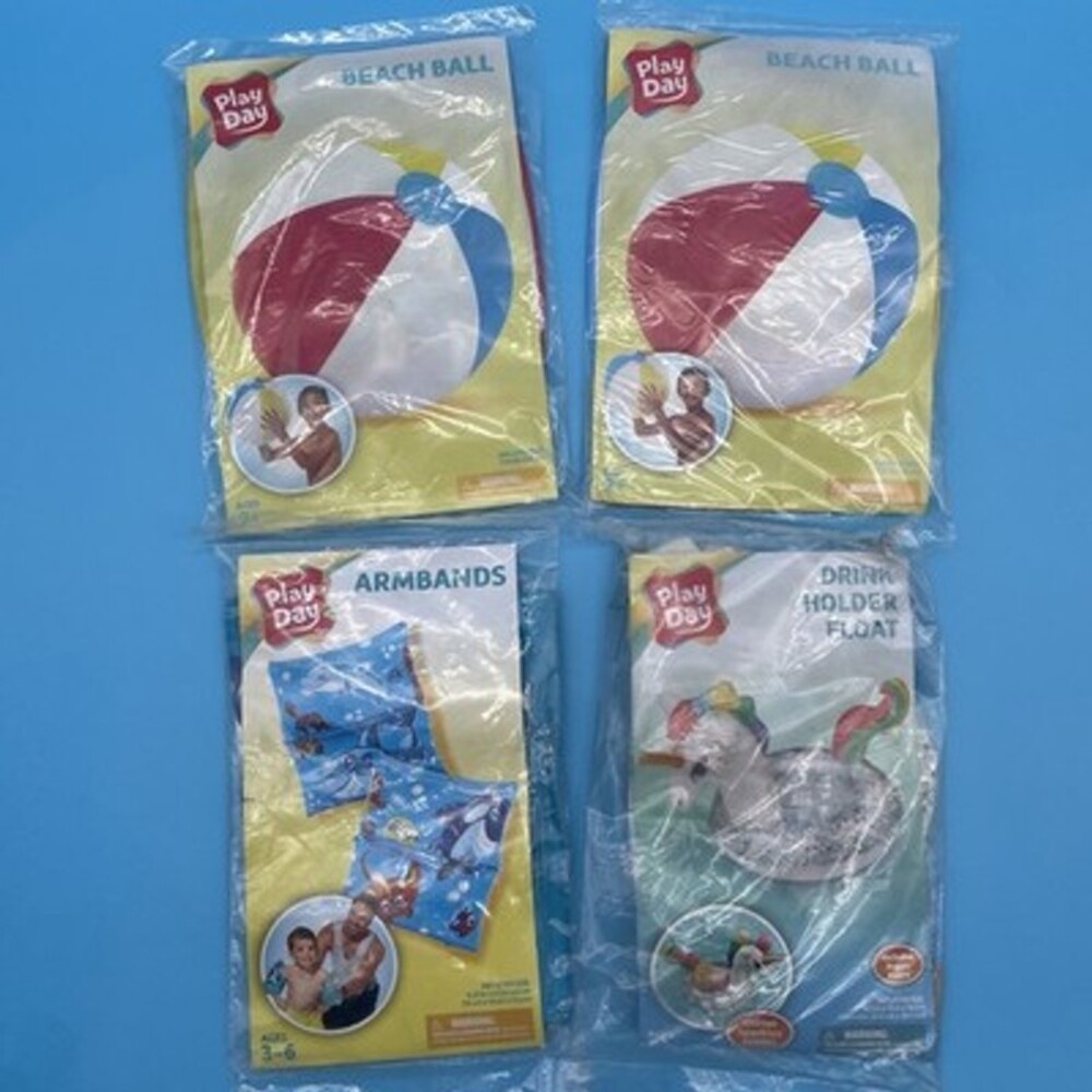4 Play Day Inflatables - 2- 13” Beach Balls, Set Of Armbands Drink Holder Float